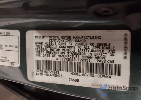 2003 Toyota Camry Le из США, поврежденный, VIN 4T1BE32K63U722351